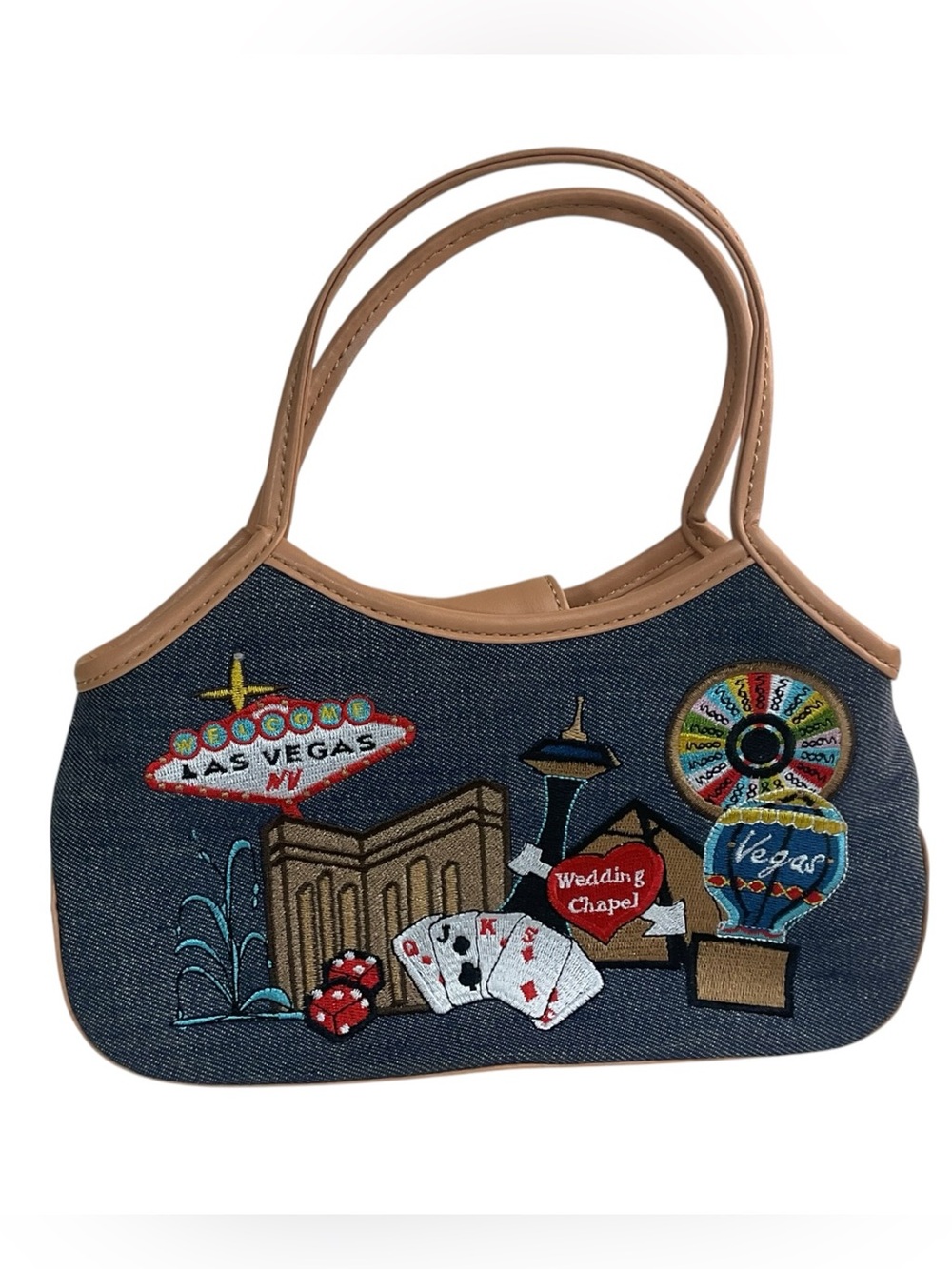 Las Vegas Embroidered Denim Tote Bag in Tan